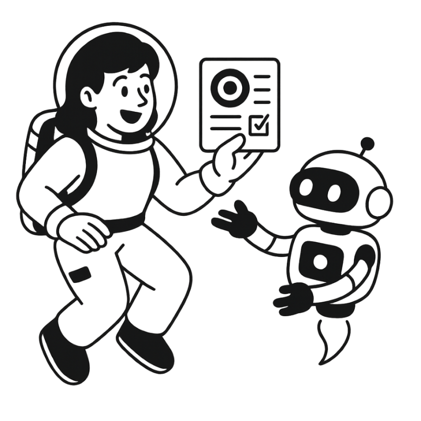 Astronaut with robot analyzing data